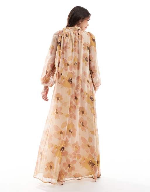 ASOS DESIGN – Maxi-Hängerkleid in Rosa mit Blumenmuster und Schleifenband am Ausschnitt, 3 von 4