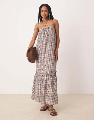 ASOS DESIGN - Maxi-Hängerkleid in Schwarz-Weiß mit Neckholder und Vichy-Karo-Bunt