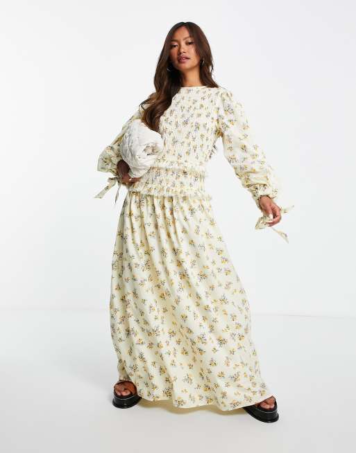 ASOS DESIGN – Maxi-Hängerkleid mit gerafftem Oberbereich, Ärmeln mit Bindedetail und Blümchenmuster