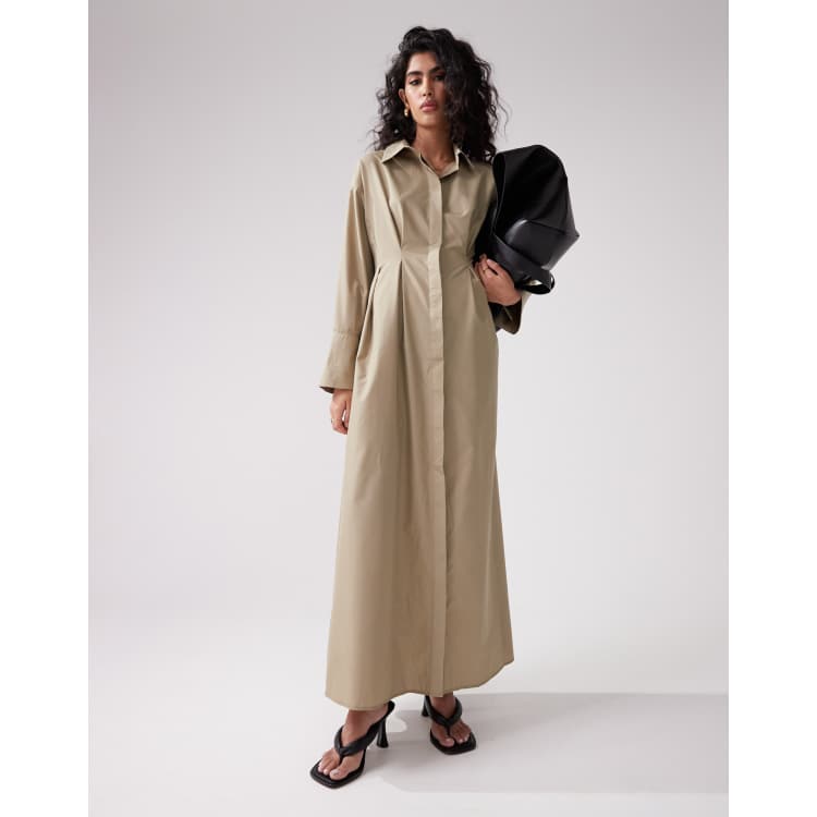 ASOS DESIGN – Maxi-Hemdblusenkleid in Khaki mit Biesen in der  
