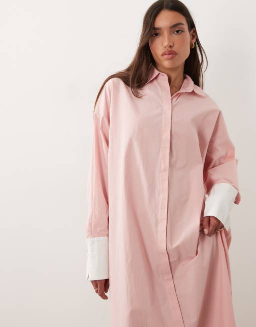 ASOS DESIGN – Maxi-Hemdblusenkleid in Rosa und Weiß mit farblich abgesetzten Manschetten, 3 von 4