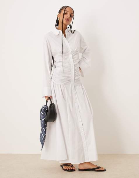 ASOS DESIGN – Maxi-Hemdkleid in Weiß mit gerafftem Oberteil und tief angesetzter Taille - view 1