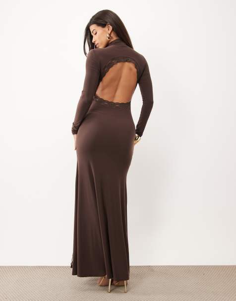 ASOS DESIGN maxi high neck slinky dress with lace trim open back detail in chocolate - view 1