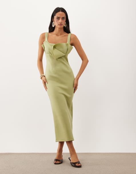 ASOS DESIGN maxi-jurk in kokerstijl met corsagedetail in saliegroene scuba-stof - view 1
