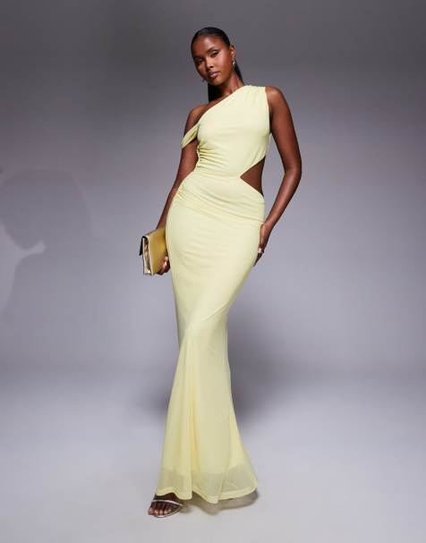 ASOS DESIGN - Maxi jurk met afhangende schouder, rimpeleffect en uitsnijding in geel - view 1