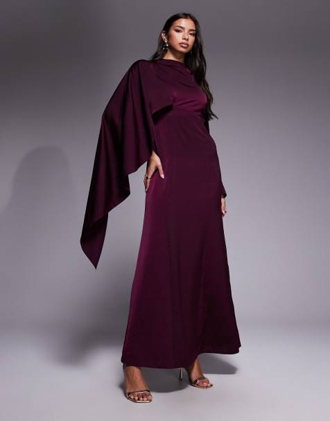 ASOS DESIGN - Maxi-jurk met asymmetrische cape en lange mouwen in pruimpaars - view 1