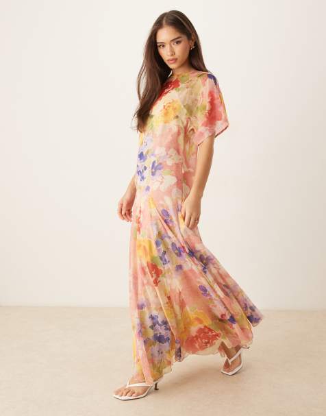 ASOS DESIGN - Maxi-jurk met asymmetrische mouwen en rok met godet-plooien in abstracte print - view 1