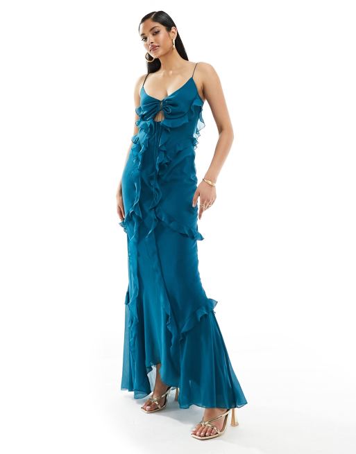 ASOS DESIGN - Maxi jurk met bandjes, ruches en uitsnijding in blauwgroen 