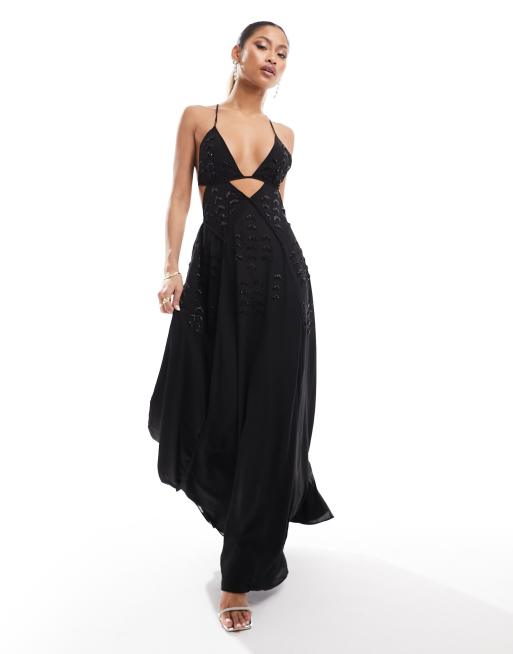 ASOS DESIGN - Maxi jurk met bandjes, uitsnijdingen en chevronversiering in zwart, 2 van 4