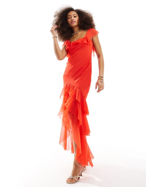 ASOS DESIGN - Maxi-jurk met bardot-hals, ongelijke zoom en onafgewerkte rand in felrood