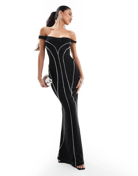 ASOS DESIGN - Maxi jurk met bardot halslijn en contrasterende zichtbare naden in zwart - view 1