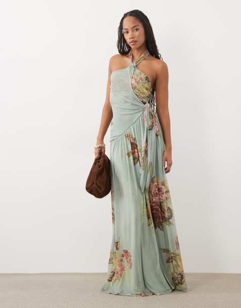 ASOS DESIGN maxi jurk met bloemenprint, knoopdetail, halternek en sjaaldetail in blauw - view 1