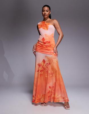 ASOS DESIGN - Maxi jurk met blote schouder, contrasterend lijfje en doorschijnende rok met print - view 1