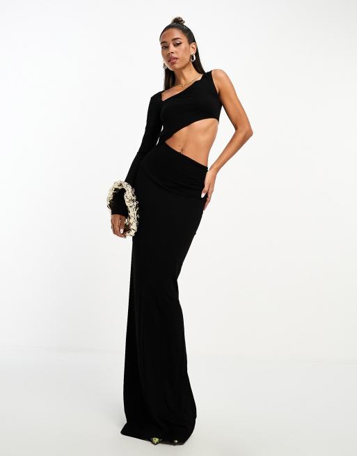 ASOS DESIGN - Maxi jurk met blote schouder en uitsnijding in zwart