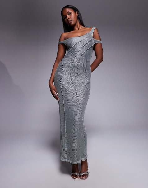 ASOS DESIGN - Maxi-jurk met blote schouder, textuur en naaddetails in zilver - view 1
