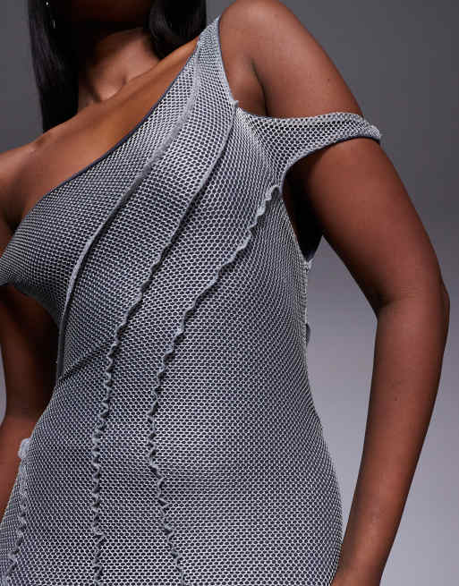 ASOS DESIGN - Maxi-jurk met blote schouder, textuur en naaddetails in zilver, 3 van 4