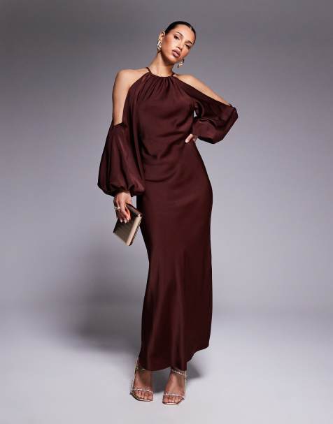ASOS DESIGN - Maxi-jurk met blote schouders en blousonmouwen in roestbruin - view 1