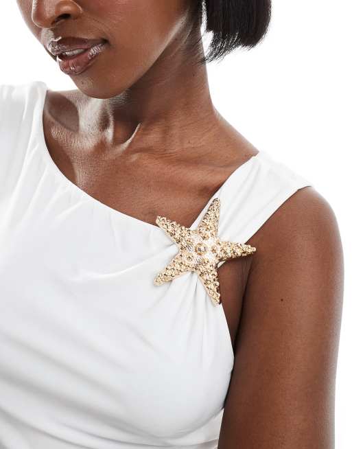 ASOS DESIGN - Maxi jurk met blote schouders en zeester-detail in wit, 3 van 4