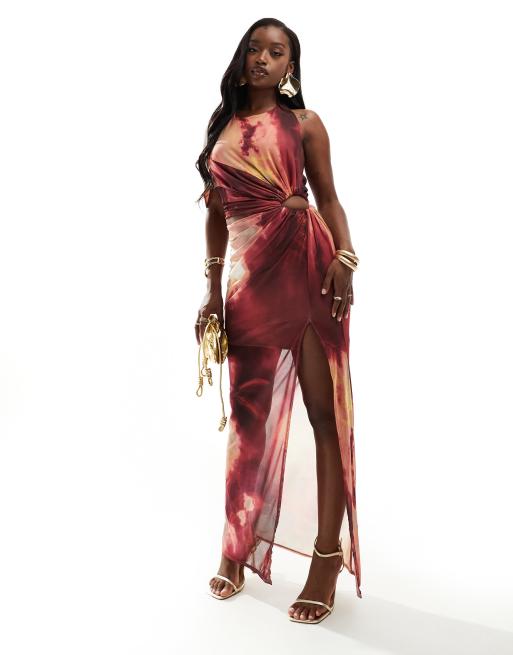 ASOS DESIGN - Maxi-jurk met blote schouders, gerimpelde uitsnijdingen en bloemenprint in roze en geel