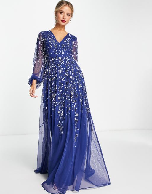 ASOS DESIGN Maxi jurk met blousonmouwen en delicate bloemen in marineblauw