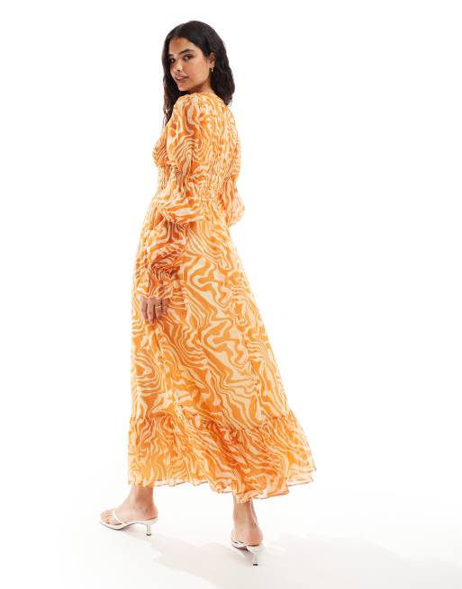 ASOS DESIGN - Maxi-jurk met blousonmouwen en geplooide taille in oranje zebraprint, 4 van 4