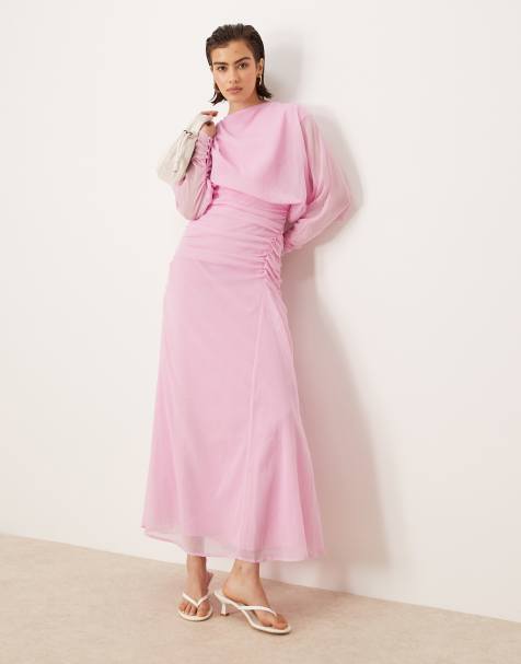 ASOS DESIGN - Maxi-jurk met blousonmouwen en rimpeleffect in roze - view 1