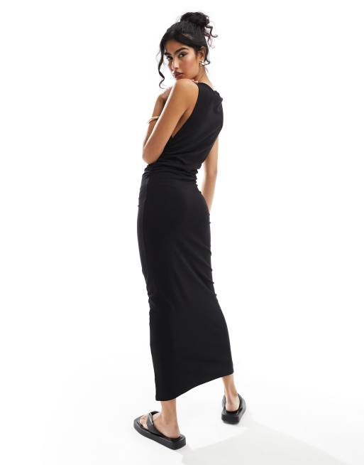 ASOS DESIGN - Maxi jurk met boothals en gerimpelde zijkanten in zwart, 4 van 4