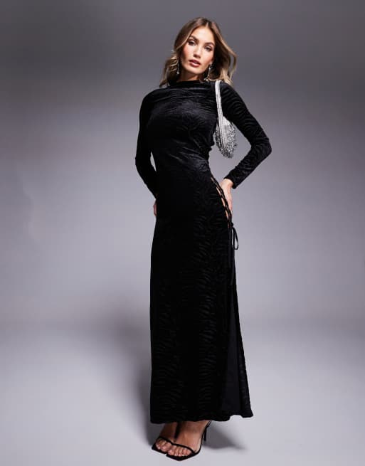 ASOS DESIGN - Maxi-jurk met burn-out en lange mouwen en uitsnijding met veters in zwart