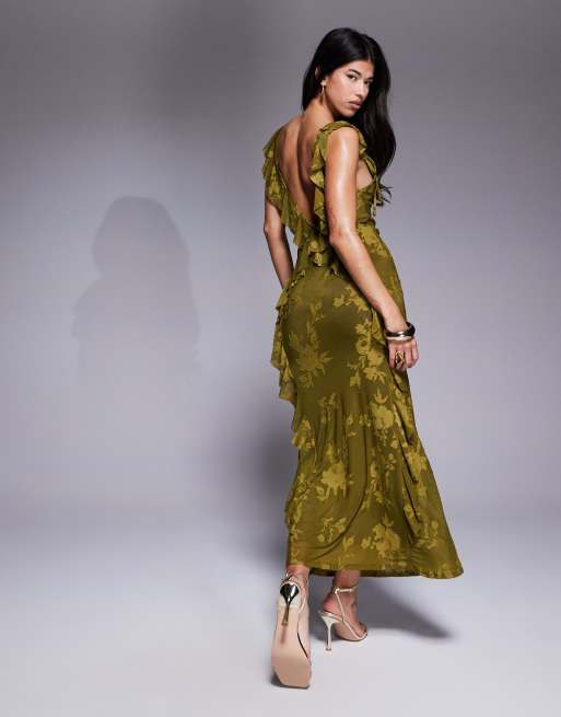 ASOS DESIGN - Maxi-jurk met camibandjes met ruches in olijfgroen, 3 van 4