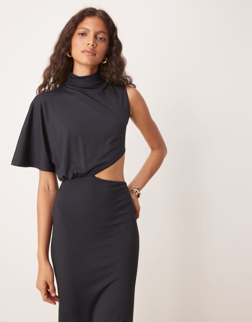 ASOS DESIGN - Maxi jurk met capemouw en asymmetrische uitsnijding in zwart, 2 van 4