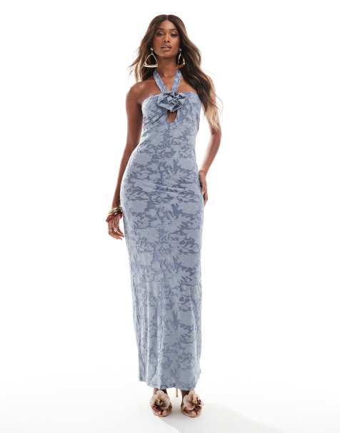 ASOS DESIGN - Maxi-jurk met corsagedetail en halternek in staalblauw doorschijnend devoré - view 1