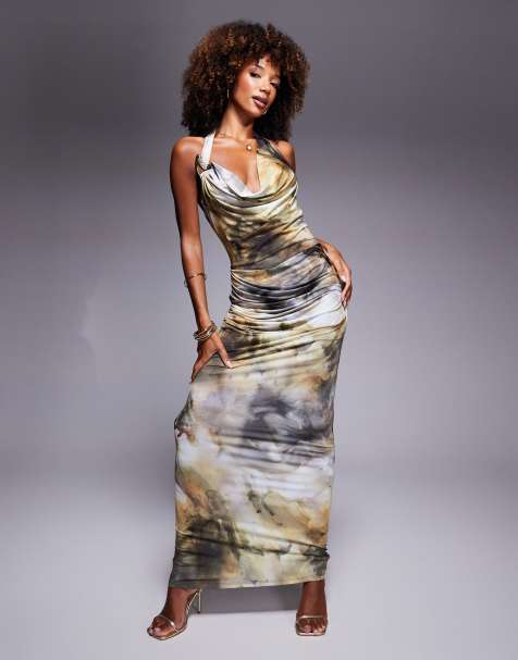 ASOS DESIGN - Maxi jurk met diepe gedrapeerde halslijn, gouden afwerking en ton-sur-ton marmerprint - view 1