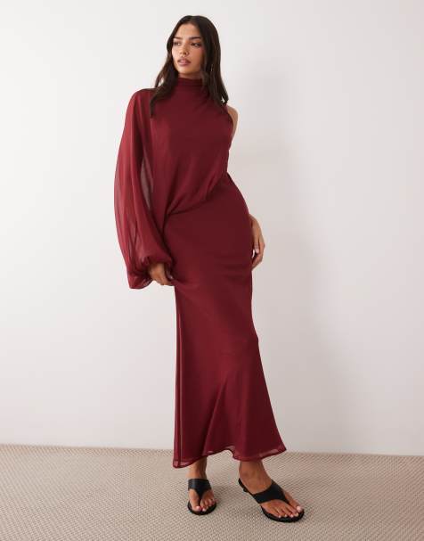 ASOS DESIGN maxi jurk met één mouw, blousonoverlay en schuine snit in rood - view 1