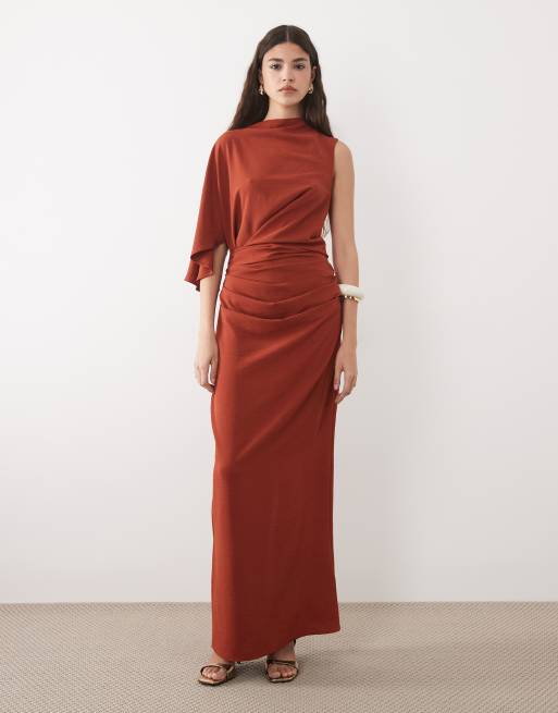 ASOS DESIGN - Maxi jurk met enkele mouw en geplooide taille in roestbruin, 2 van 4