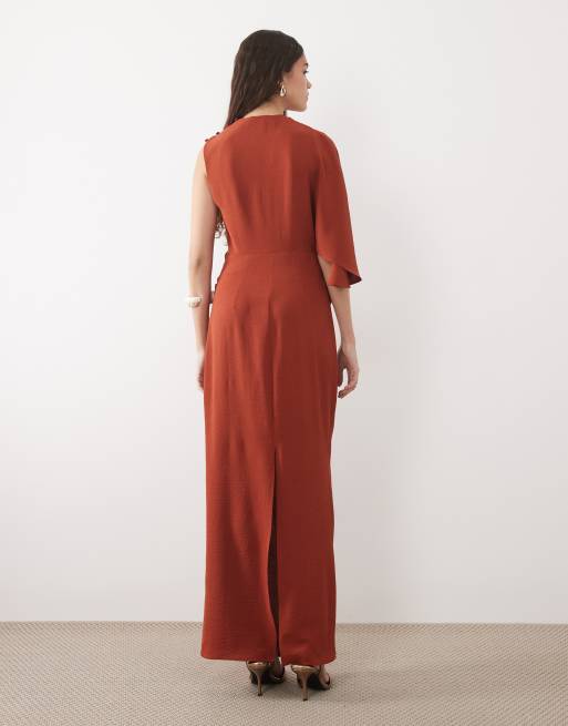 ASOS DESIGN - Maxi jurk met enkele mouw en geplooide taille in roestbruin, 4 van 4
