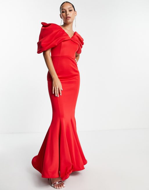 ASOS DESIGN - Maxi jurk met extreem gedrapeerde mouwen en wijduitlopende zoom in rood