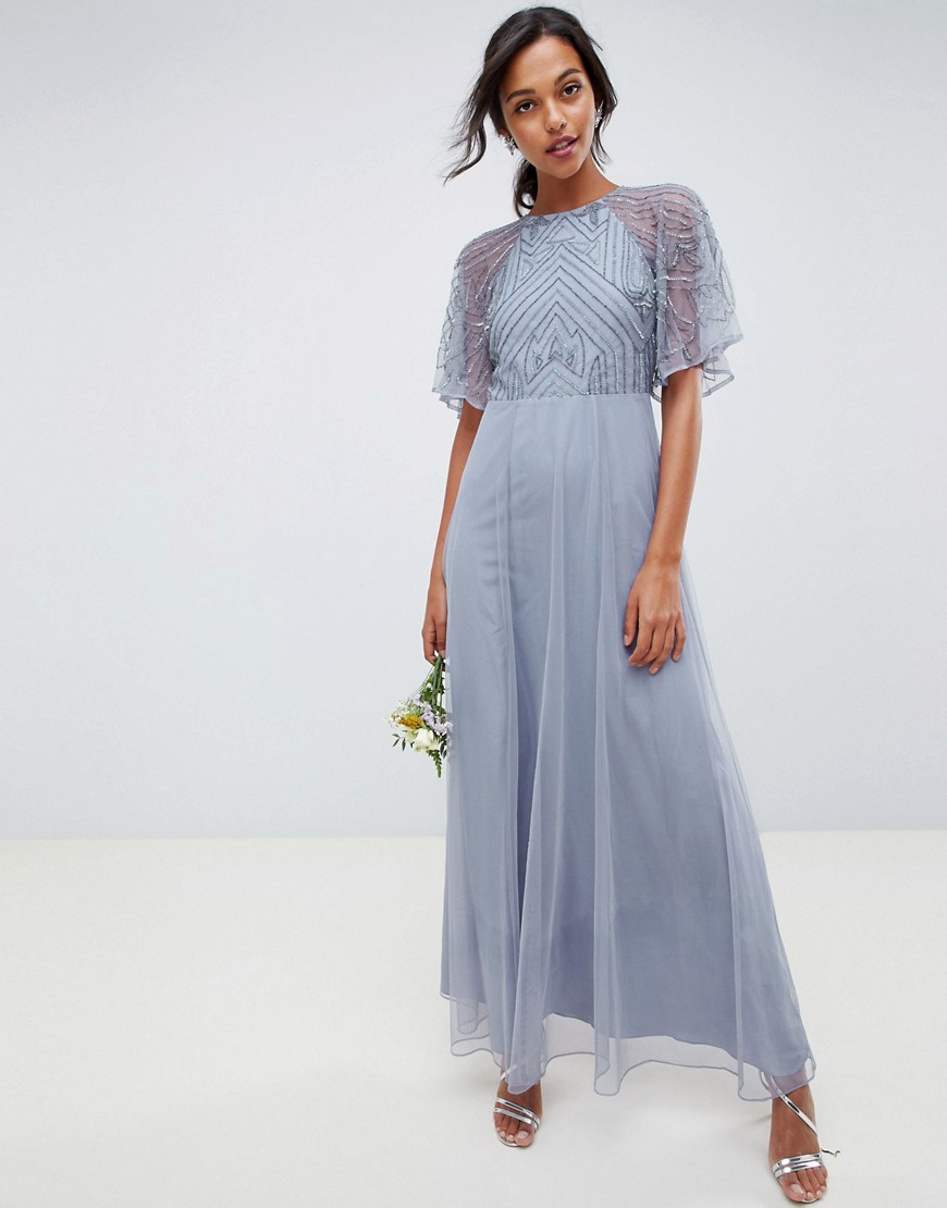 ASOS DESIGN - Maxi-jurk met fijn versierde wijde mouwen-Blauw