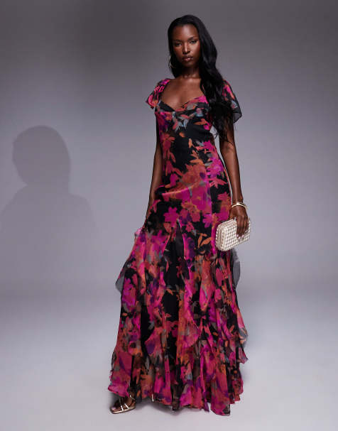 ASOS DESIGN - Maxi-jurk met fladdermouwen, ruches, godet-plooien in donkere bloemenprint - view 1