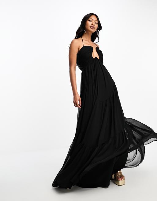 ASOS DESIGN - Maxi jurk met gebogen halslijn en stroken in zwart