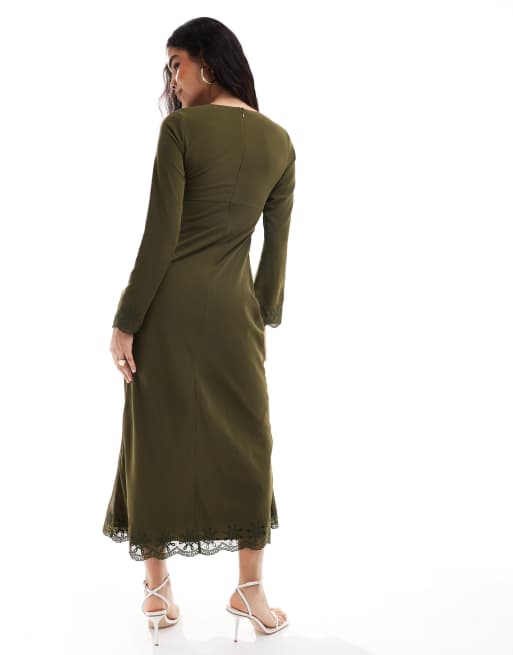 ASOS DESIGN - Maxi jurk met geborduurde manchetten en zoom in kaki , 4 van 4