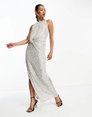 ASOS DESIGN - Maxi jurk met gedraaide plooien en zilveren lovertjes