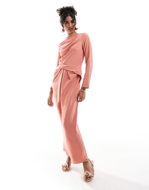 ASOS DESIGN - Maxi jurk met gedrapeerd gedraaid detail en textuur in roestkleur