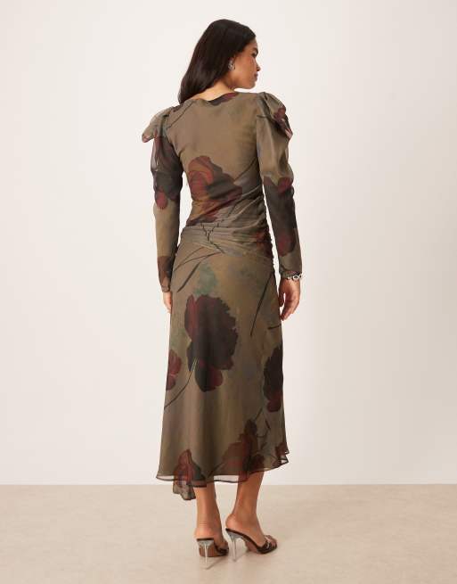 ASOS DESIGN - Maxi jurk met gedrapeerde schouders in grijs met bloemenprint , 2 van 4