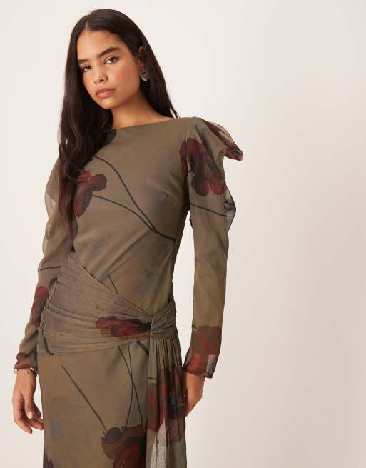 ASOS DESIGN - Maxi jurk met gedrapeerde schouders in grijs met bloemenprint , 4 van 4