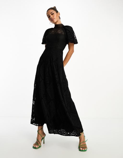 ASOS DESIGN - Maxi jurk met gehaakte en kanten vlakken in zwart