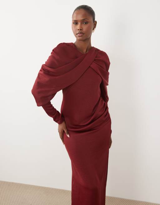 ASOS DESIGN maxi jurk met gekruiste hals, gerimpeld en gedrapeerde mouwen in berry, 3 van 4