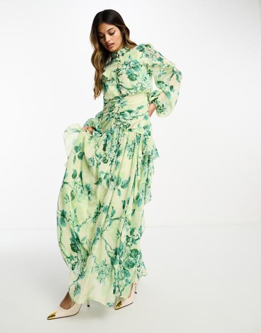 ASOS DESIGN - Maxi-jurk met gerimpeld lijfje, knoopsluiting, ruches en bloemenprint