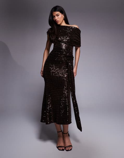 ASOS DESIGN - Maxi jurk met gerimpeld lijfje, lovertjes en gedrapeerde designdetail in chocoladebruin - view 1