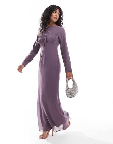 ASOS DESIGN - Maxi jurk met gerimpelde, gestrikte buste in mauve - view 1