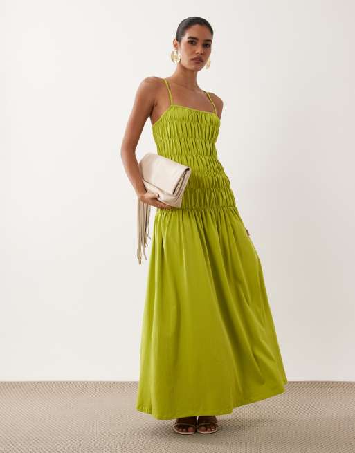 ASOS DESIGN maxi jurk met gerimpelde taille in olijfgroen, 2 van 4
